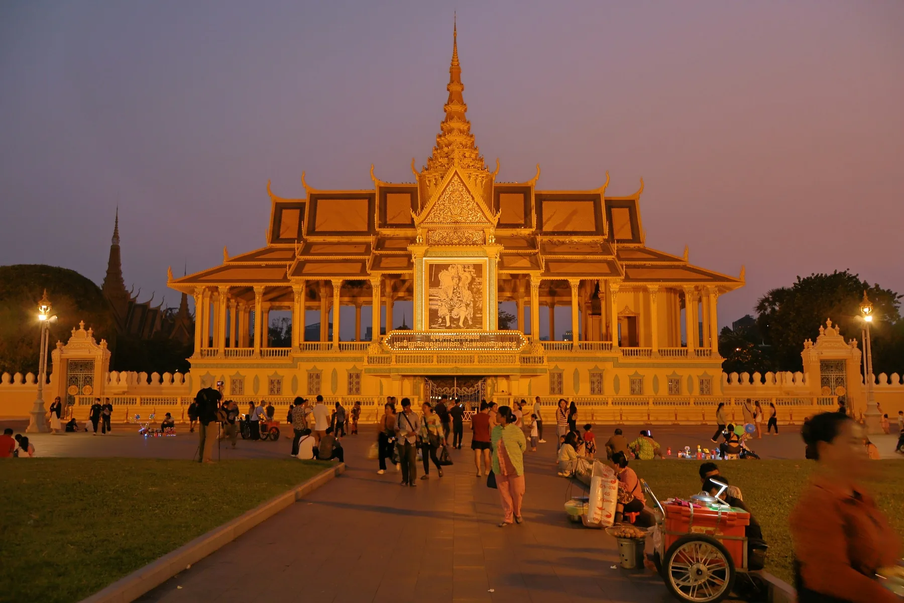 The Royal Palace in Phnom Penh illuminated at dusk